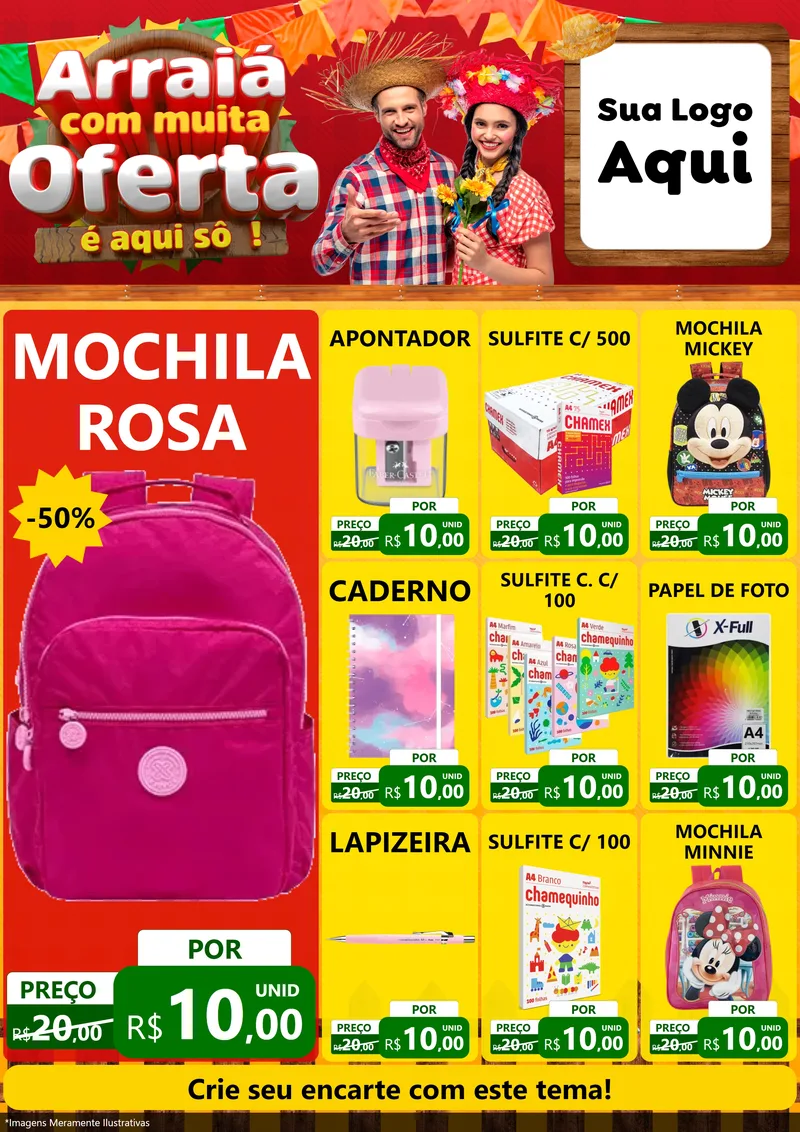 Modelo de Encarte para Encarte A4 Vertical com o tema Arraiá Com Muita Oferta - É Aqui Sô! para Papelaria