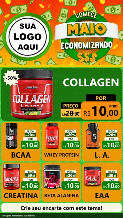 Modelo de Rede Social para Stories com o tema Comece Maio Economizando para Suplementos alimentares