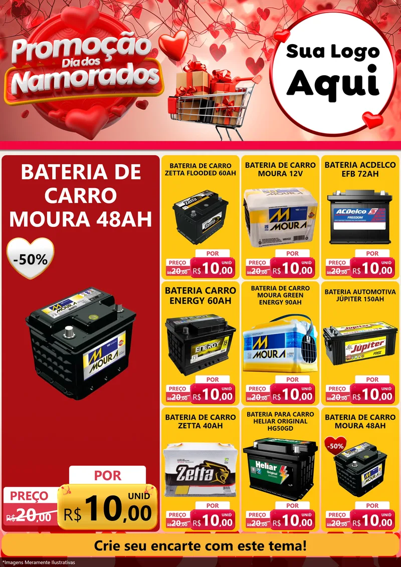 Modelo de Encarte para Encarte A4 Vertical com o tema Promoção Dia dos Namorados para Baterias Elétricas
