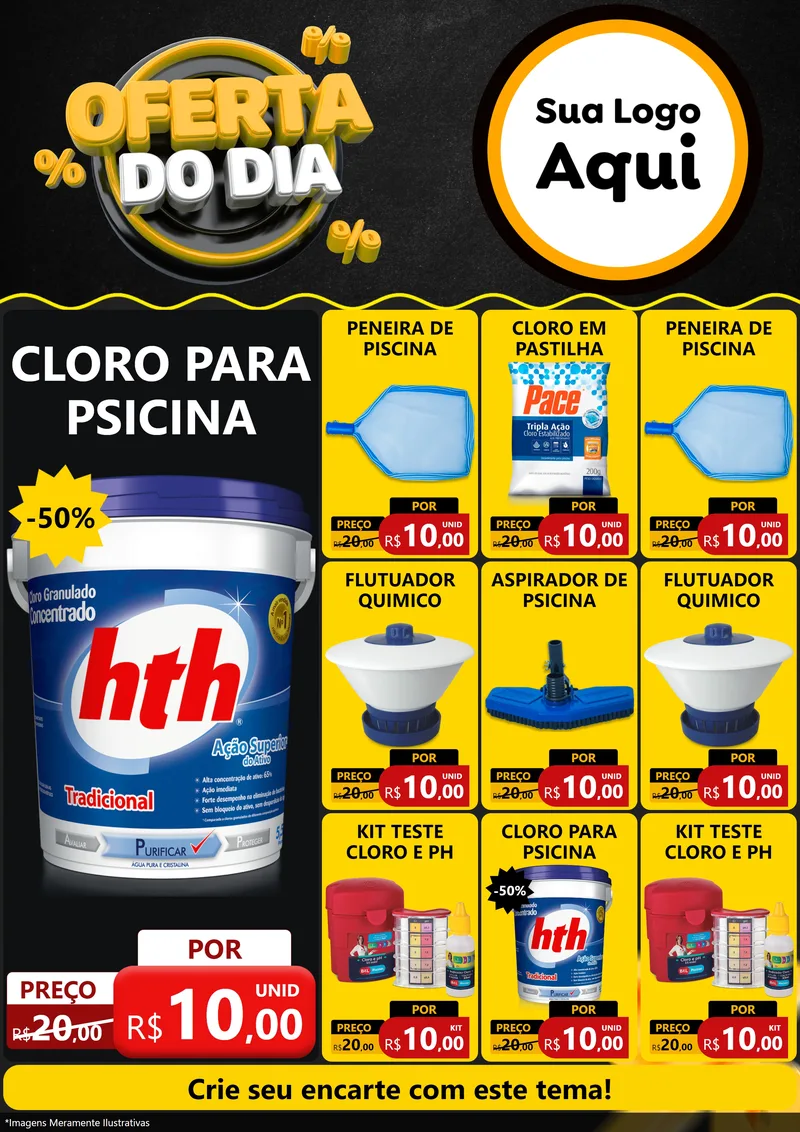 Modelo de Encarte para Encarte A4 Vertical com o tema Oferta Do Dia para Produtos para Piscina