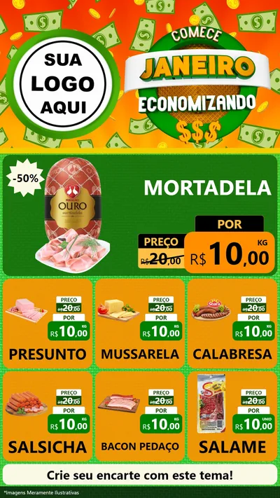 Modelo de Rede Social para Stories com o tema Comece Janeiro Economizando para Frios e Laticínios