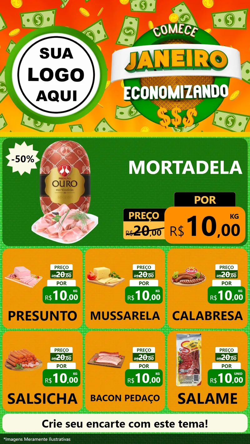 Modelo de Rede Social para Stories com o tema Comece Janeiro Economizando para Frios e Laticínios