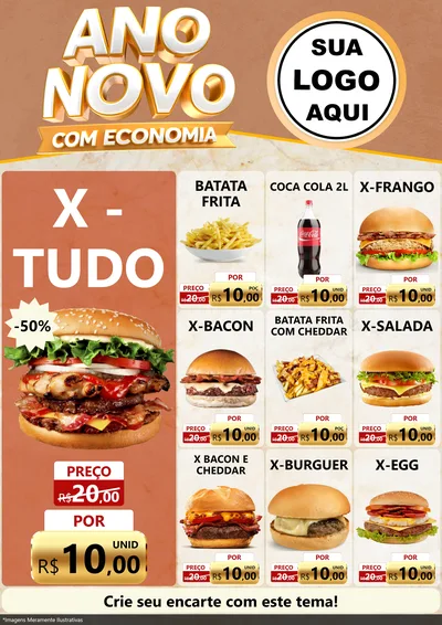 Modelo de Encarte para Encarte A4 Vertical com o tema Ano Novo Com Economia para Hamburgueria