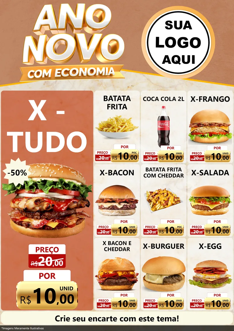 Modelo de Encarte para Encarte A4 Vertical com o tema Ano Novo Com Economia para Hamburgueria