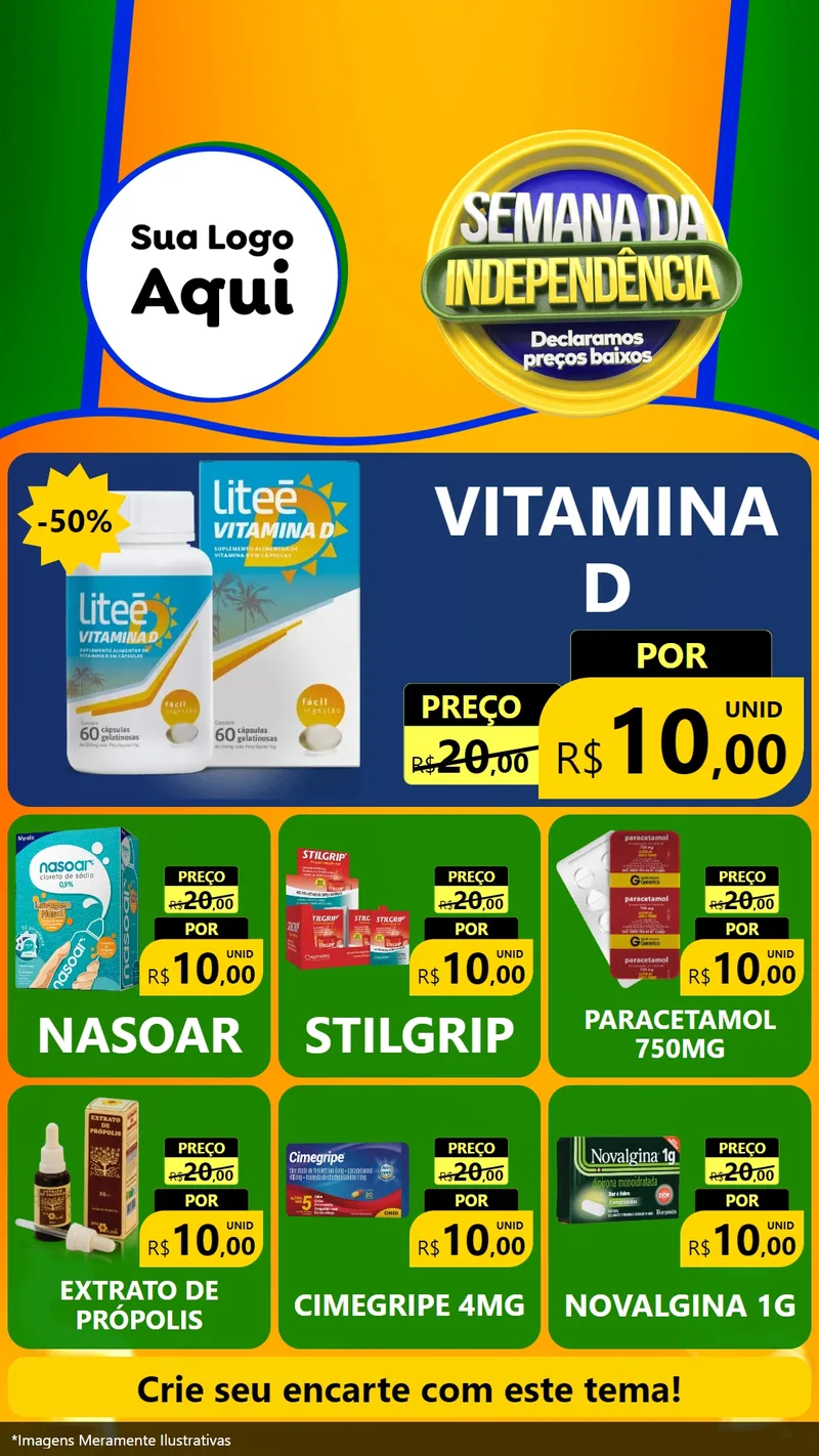 Modelo de Rede Social para Stories com o tema Semana da Independência Declaramos Preços Baixos para Farmácia