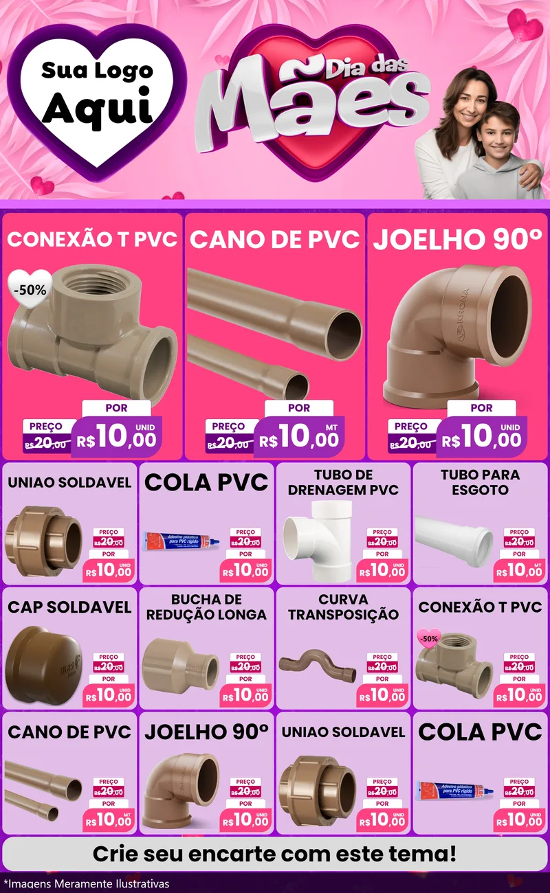 Modelo de Encarte para Encarte Grande com o tema Dia das Mães para Tubos e conexões