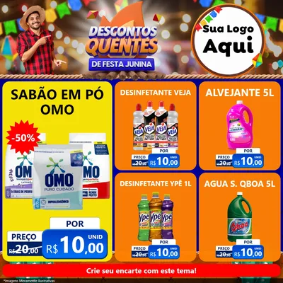 Modelo de Rede Social para Feed Facebook com o tema Descontos Quentes de Festa Junina para Produtos de Limpeza