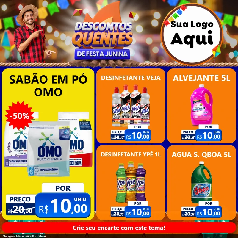 Modelo de Rede Social para Feed Facebook com o tema Descontos Quentes de Festa Junina para Produtos de Limpeza