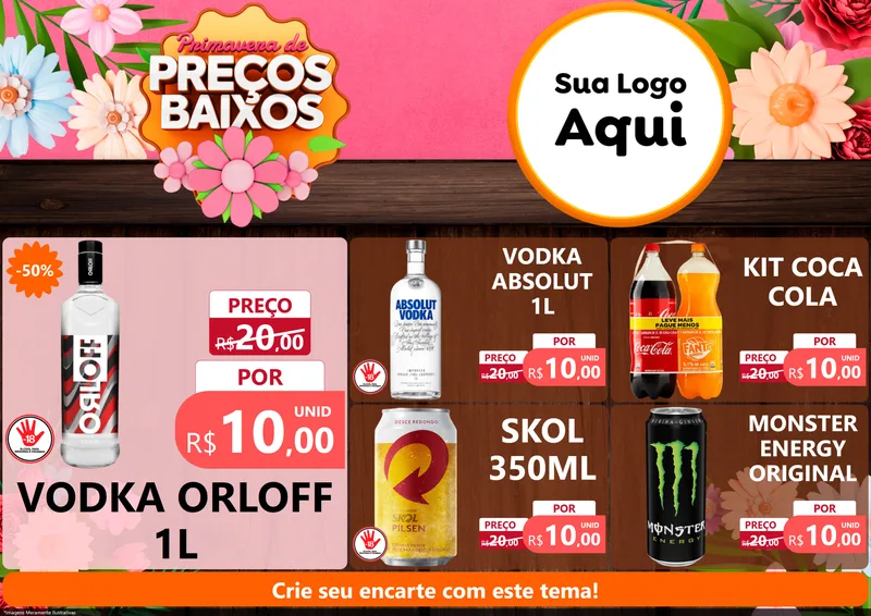 Modelo de Encarte para Encarte A4 Horizontal com o tema Primavera de Preços Baixos para Distribuidora de bebidas