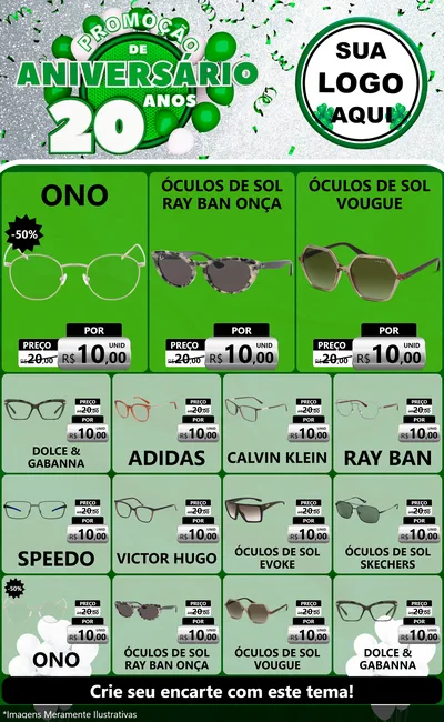 Modelo de Encarte para Encarte Grande com o tema Promoção de Aniversário - 20 Anos para Óticas