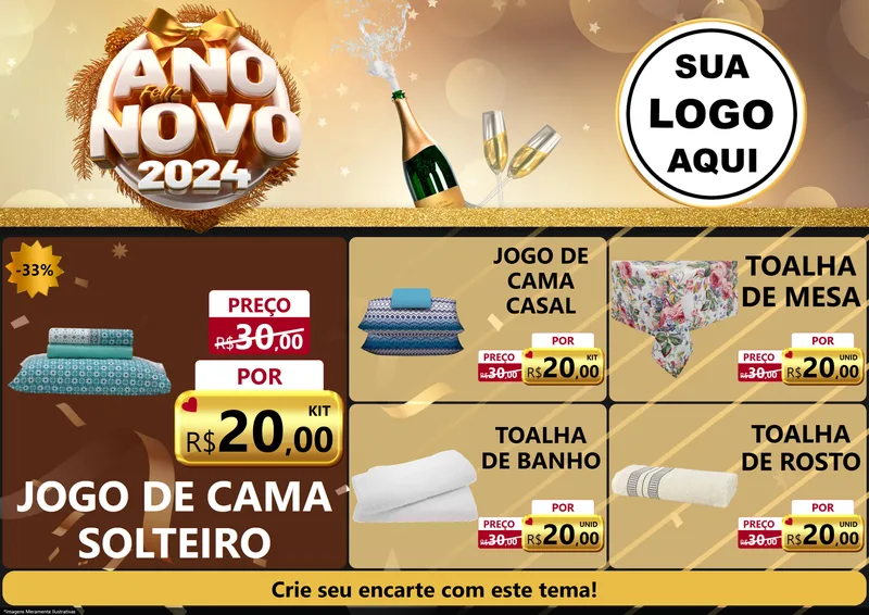 Modelo de Encarte para Encarte A4 Horizontal com o tema Feliz Ano Novo 2027 para Cama, Mesa e Banho