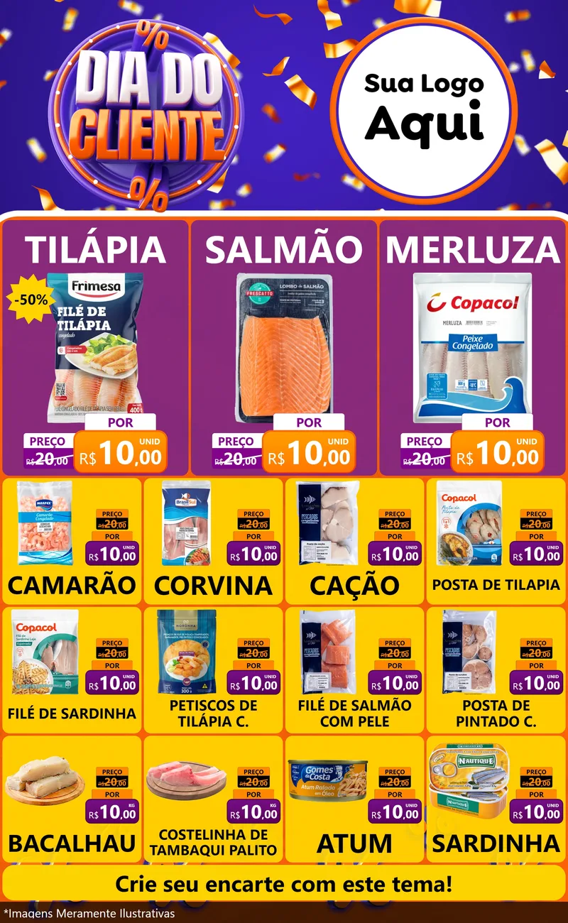 Modelo de Encarte para Encarte Grande com o tema Dia do Cliente para Peixaria