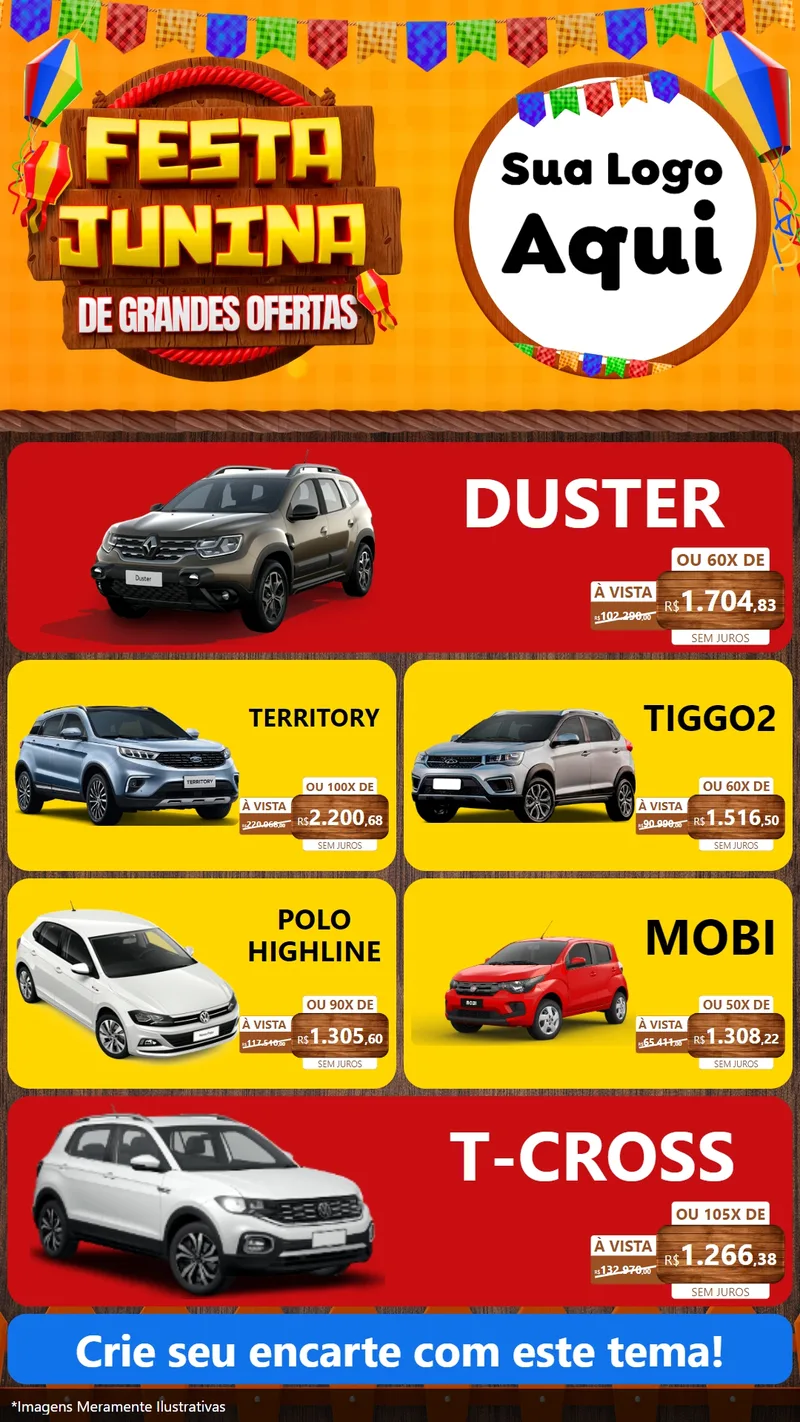 Modelo de TV para TV Vertical com o tema Festa Junina de Grandes Ofertas para Concessionaria de Carros