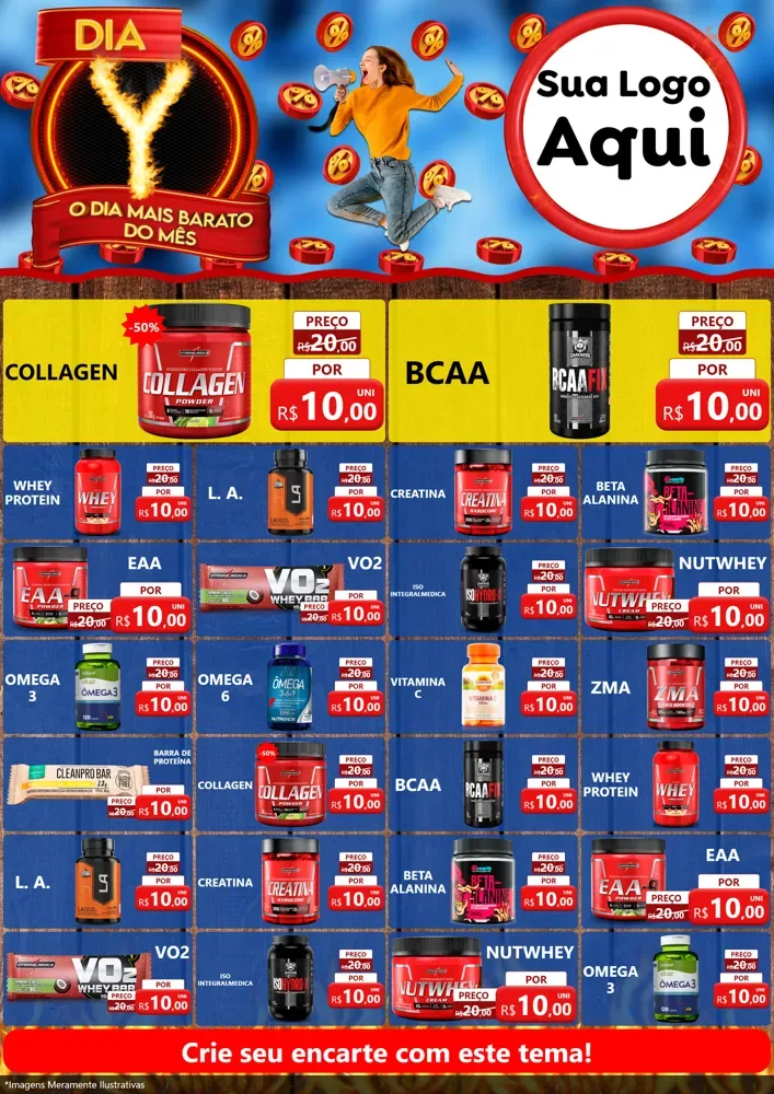 Modelo de Encarte para Encarte A4 Vertical com o tema Dia Y - O Dia Mais Barato Do Mês para Suplementos alimentares