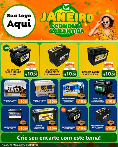 Modelo de Rede Social para Feed Instagram com o tema Janeiro - Economia Garantida para Baterias Elétricas