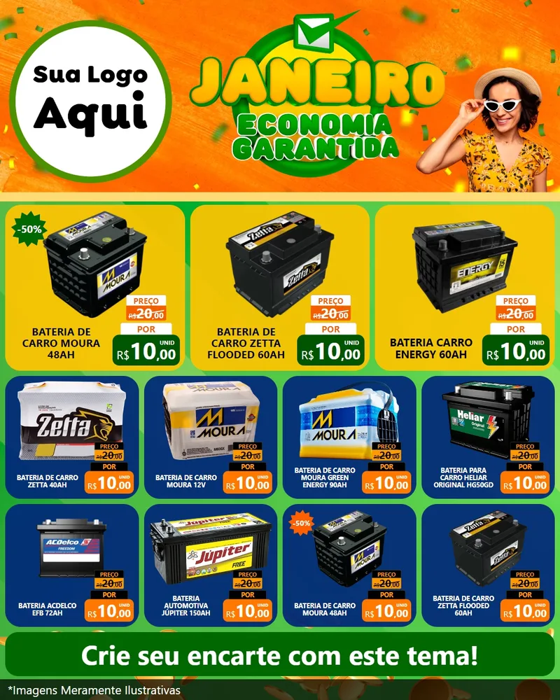 Modelo de Rede Social para Feed Instagram com o tema Janeiro - Economia Garantida para Baterias Elétricas