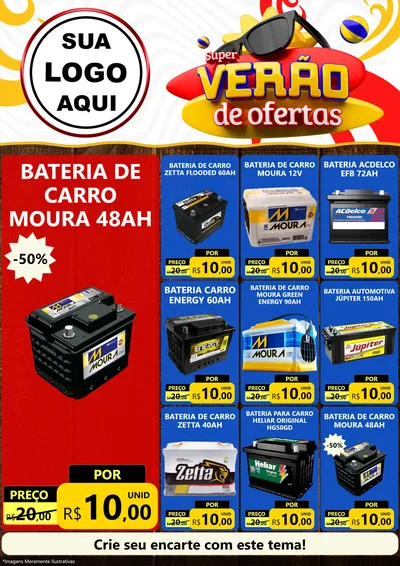 Modelo de Encarte para Encarte A4 Vertical com o tema Super Verão de Ofertas para Baterias Elétricas