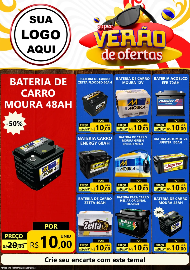 Modelo de Encarte para Encarte A4 Vertical com o tema Super Verão de Ofertas para Baterias Elétricas