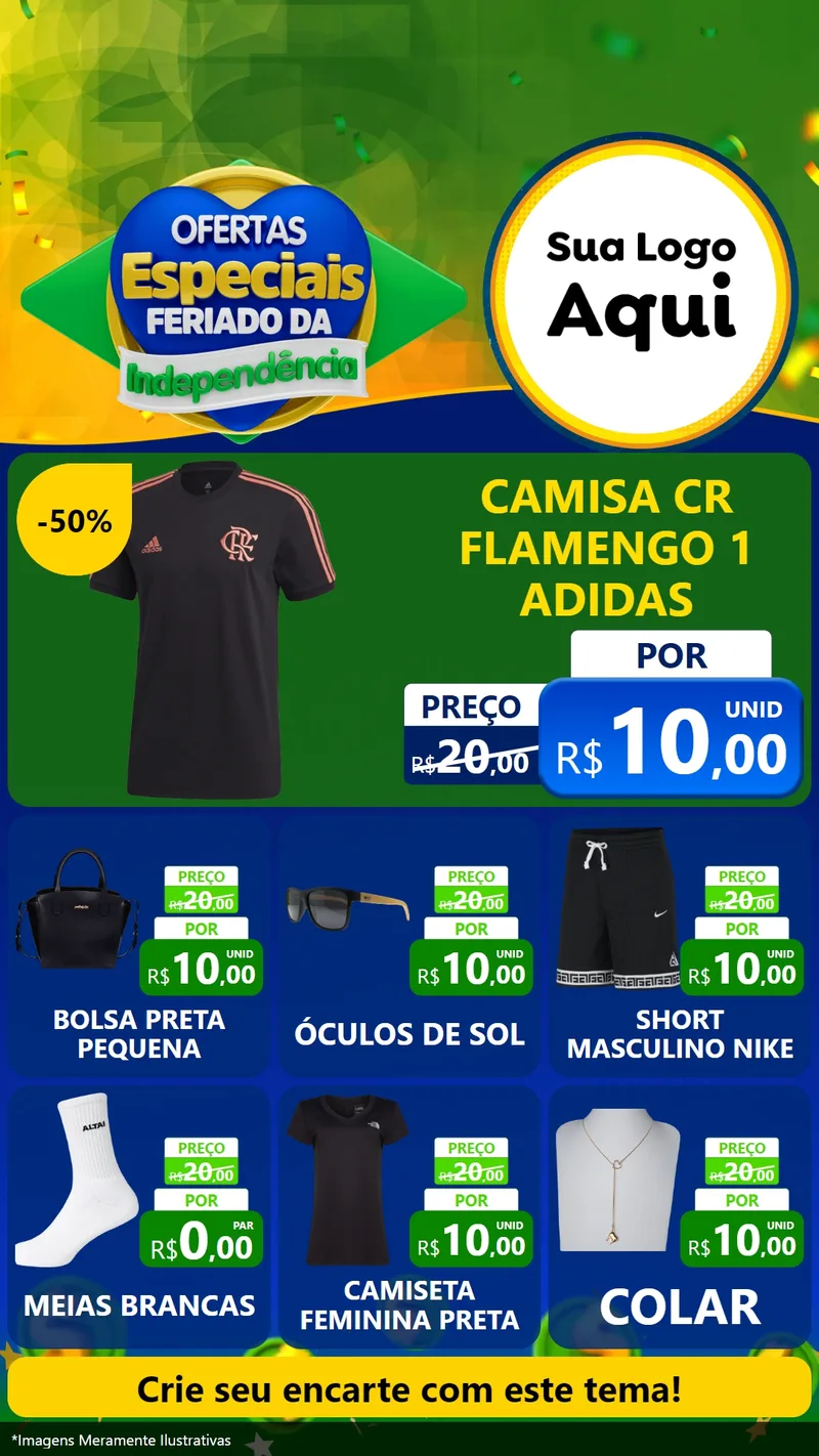 Modelo de Rede Social para Stories com o tema Ofertas Especiais Feriado da Independência para Roupas e acessórios