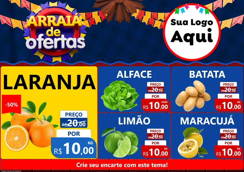Modelo de Encarte para Encarte A4 Horizontal com o tema Arraiá de Ofertas para Hortifrúti