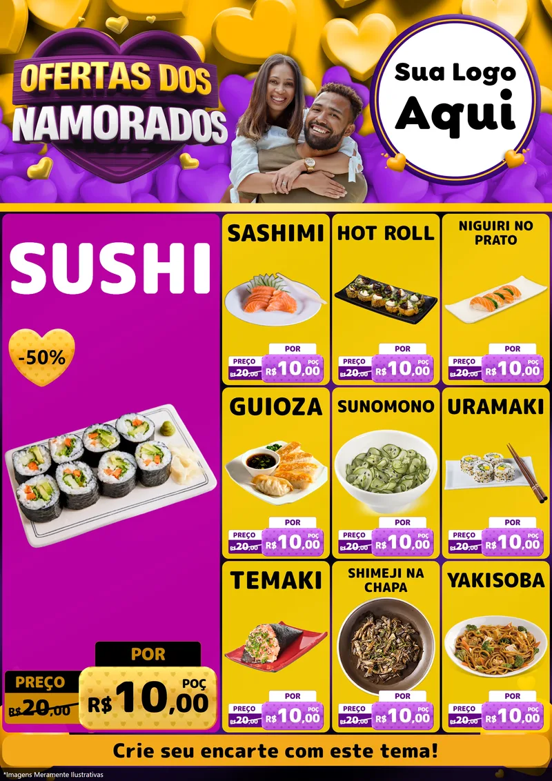Modelo de Encarte para Encarte A4 Vertical com o tema Oferta Dos Namorados para Comida japonesa