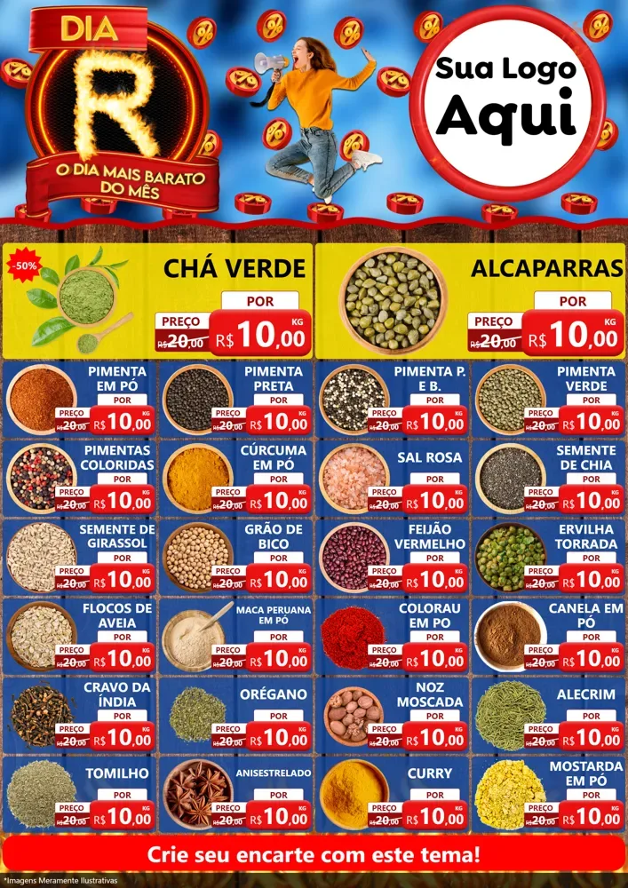 Modelo de Encarte para Encarte A4 Vertical com o tema Dia R - O Dia Mais Barato Do Mês para Produtos Naturais