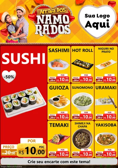 Modelo de Encarte para Encarte A4 Vertical com o tema Arraiá dos Namorados para Comida japonesa