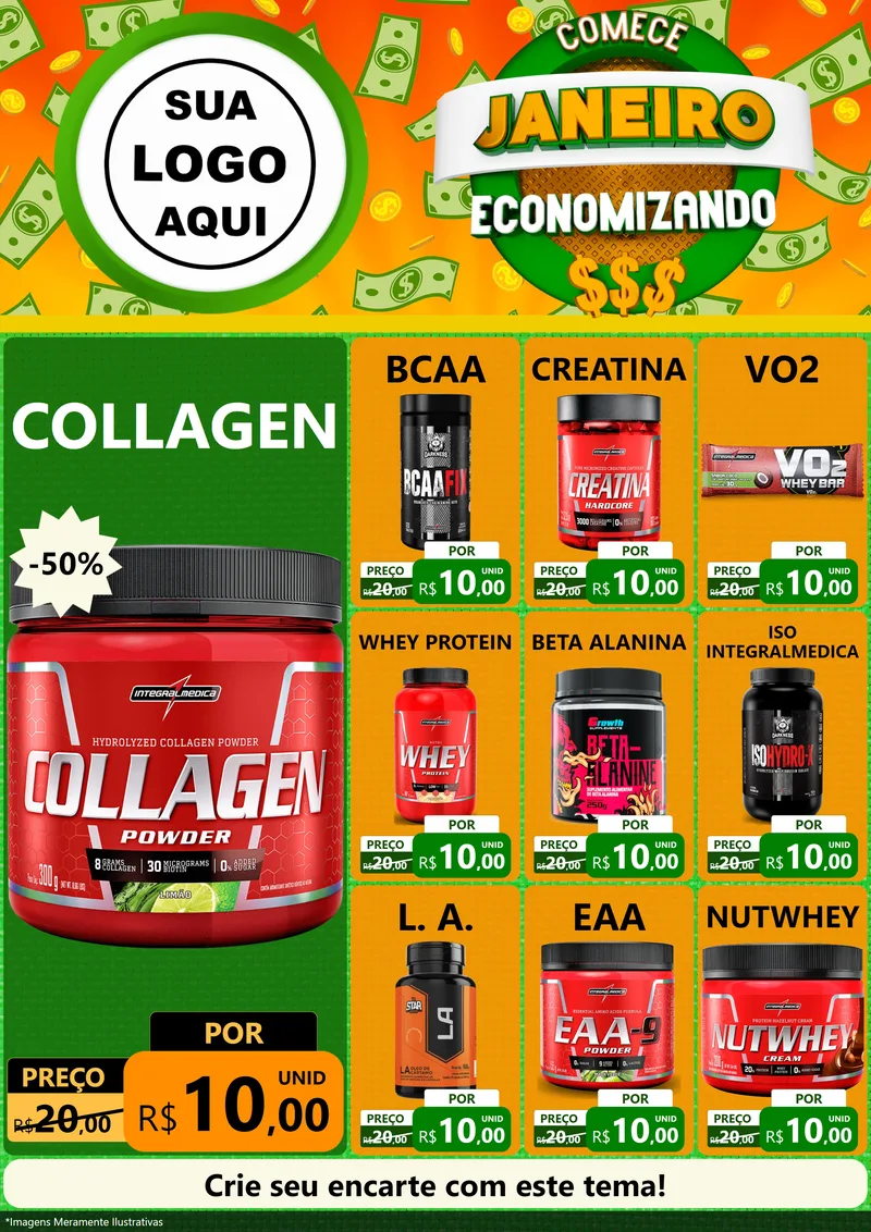 Modelo de Encarte para Encarte A4 Vertical com o tema Comece Janeiro Economizando para Suplementos alimentares