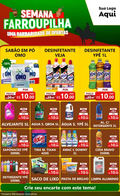 Modelo de Encarte para Encarte Grande com o tema Semana Farroupilha - Uma Barbaridade de Ofertas para Produtos de Limpeza