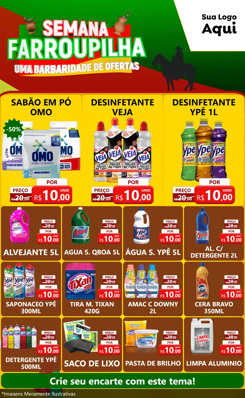 Modelo de Encarte para Encarte Grande com o tema Semana Farroupilha - Uma Barbaridade de Ofertas para Produtos de Limpeza