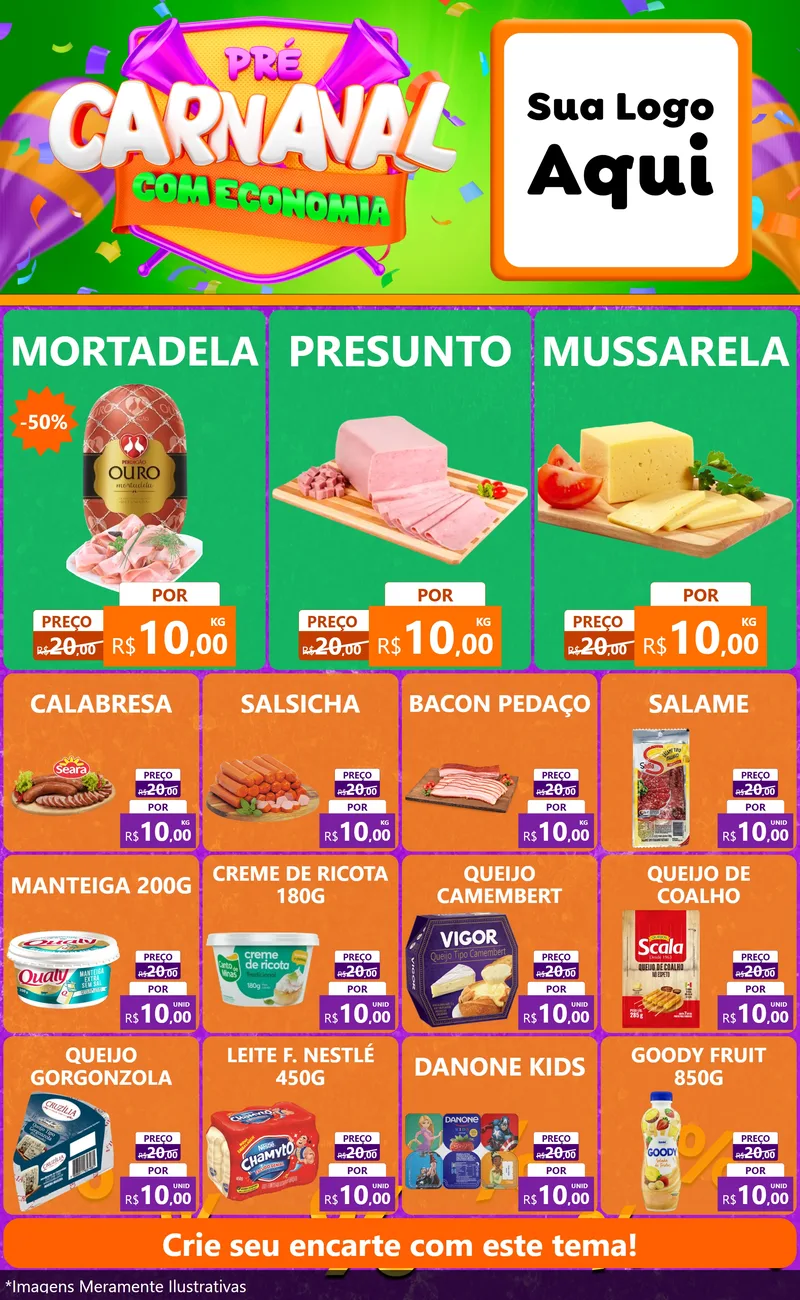 Modelo de Encarte para Encarte Grande com o tema Pré-Carnaval Com Economia para Frios e Laticínios