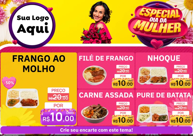 Modelo de Encarte para Encarte A4 Horizontal com o tema Especial Dia da Mulher para Restaurante