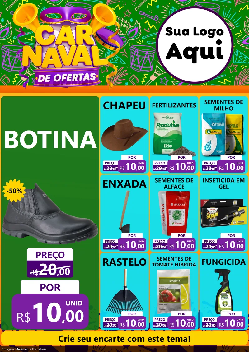 Modelo de Encarte para Encarte A4 Vertical com o tema Carnaval de Ofertas para Agropecuária