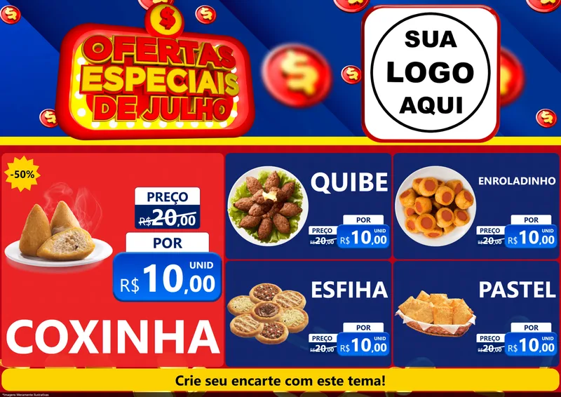 Modelo de Encarte para Encarte A4 Horizontal com o tema Ofertas Especiais de Julho para Salgadaria