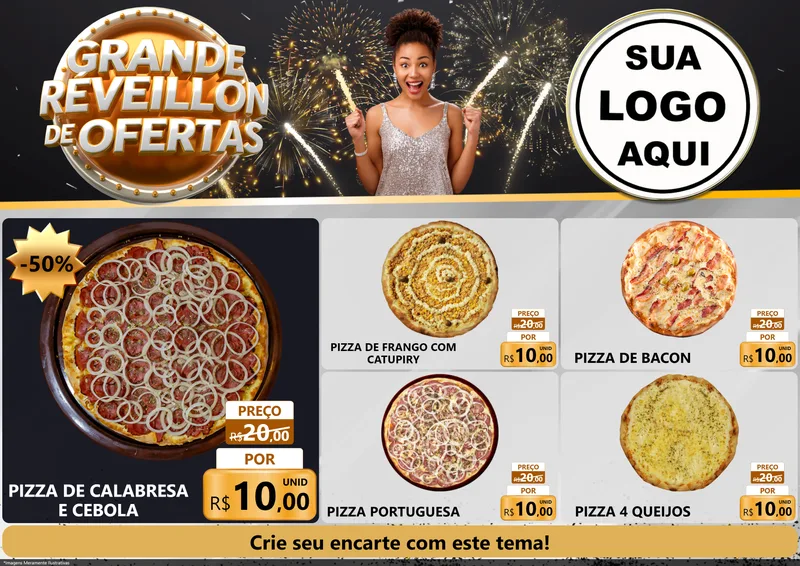 Modelo de Encarte para Encarte A4 Horizontal com o tema Grande Réveillon de Ofertas para Pizzaria