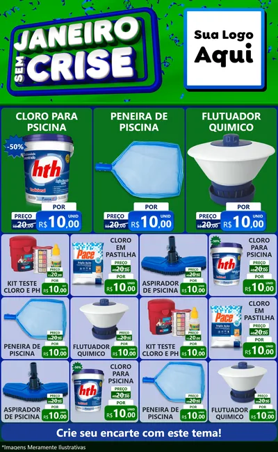 Modelo de Encarte para Encarte Grande com o tema Janeiro Sem Crise para Produtos para Piscina