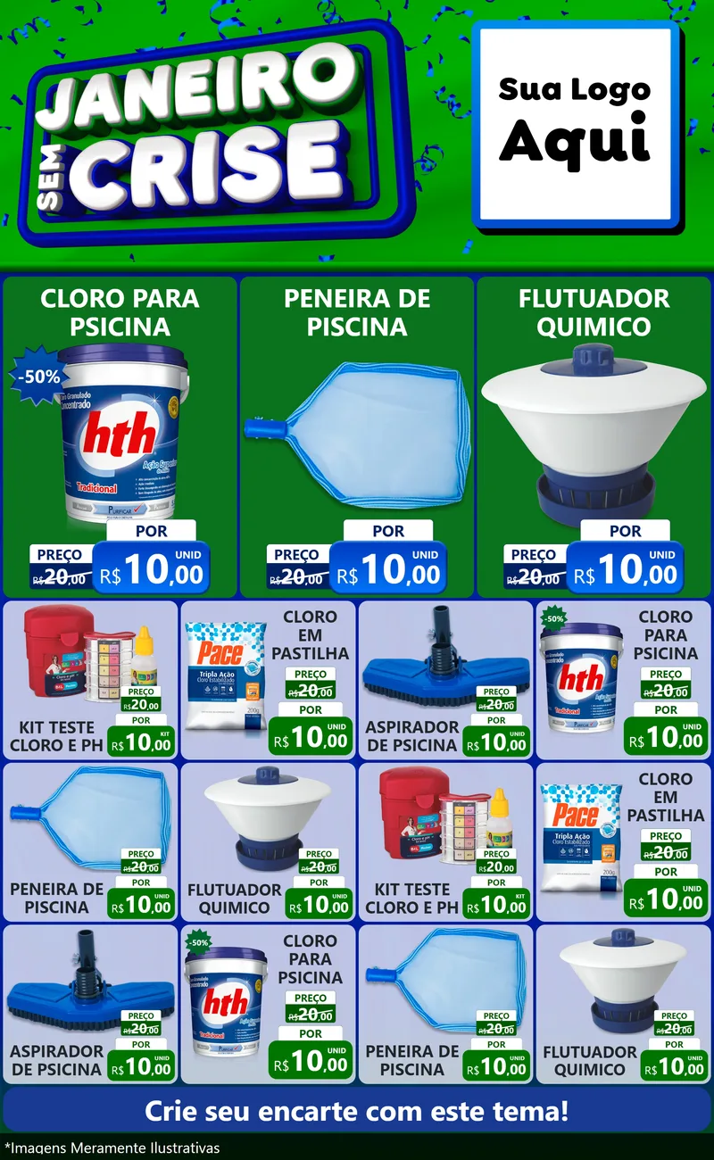 Modelo de Encarte para Encarte Grande com o tema Janeiro Sem Crise para Produtos para Piscina