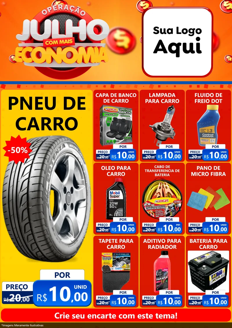 Modelo de Encarte para Encarte A4 Vertical com o tema Operação Julho Com Mais Economia para Auto peças
