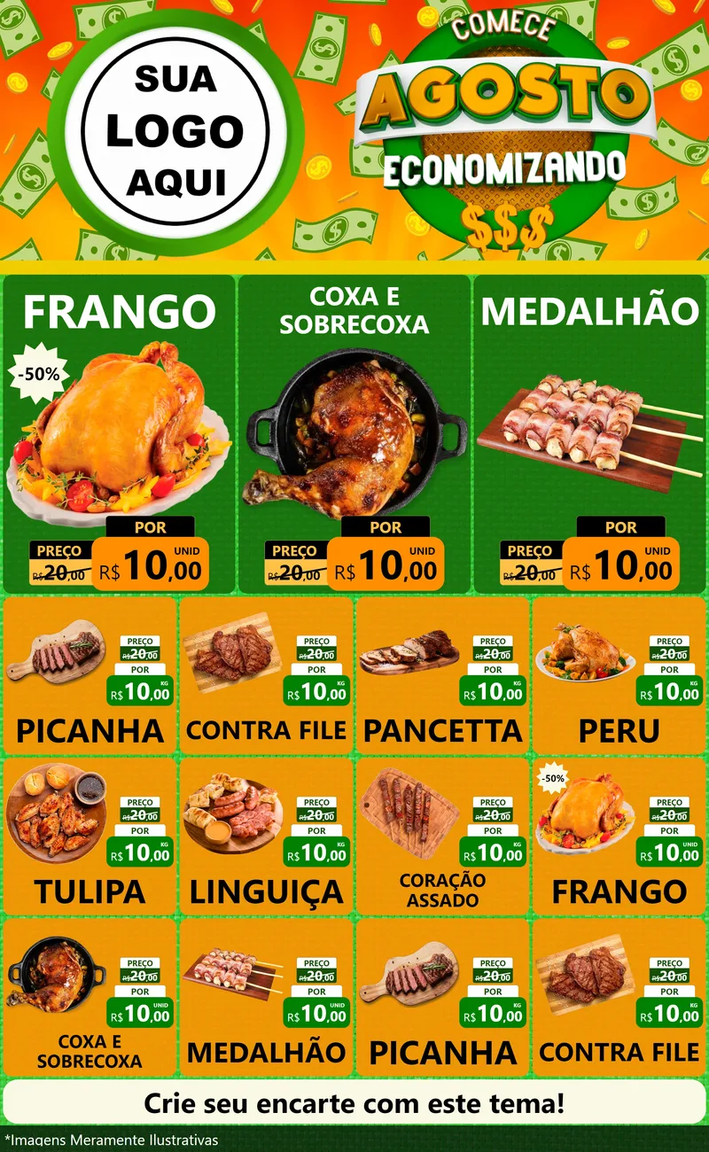 Modelo de Encarte para Encarte Grande com o tema Comece Agosto Economizando para Assados