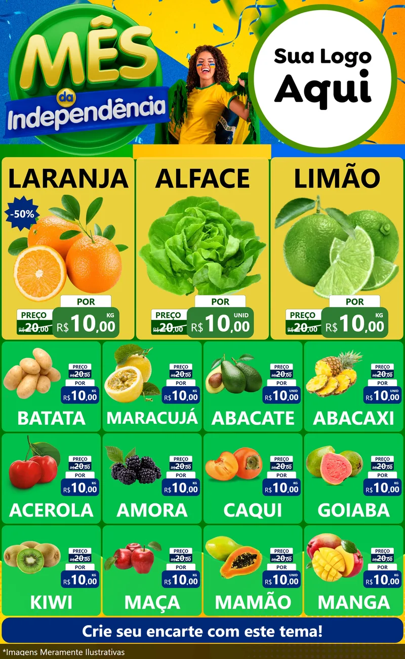 Modelo de Encarte para Encarte Grande com o tema Mês da Independência para Hortifrúti