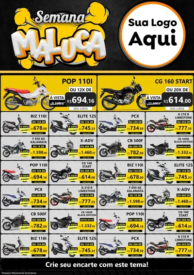 Modelo de Encarte para Encarte A4 Vertical com o tema Semana Maluca para Concessionaria de Motos
