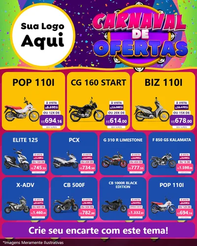 Modelo de Rede Social para Feed Instagram com o tema Carnaval de Ofertas para Concessionaria de Motos