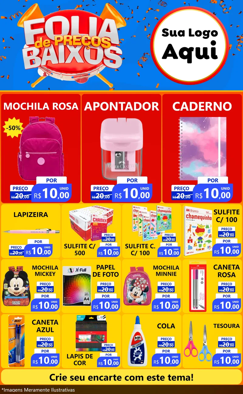 Modelo de Encarte para Encarte Grande com o tema Folia de Preços Baixos para Papelaria