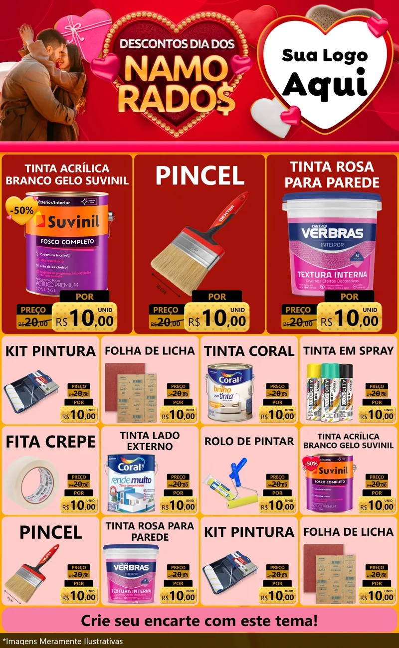 Modelo de Encarte para Encarte Grande com o tema Descontos Dia dos Namorados para Tintas e Ferramentas