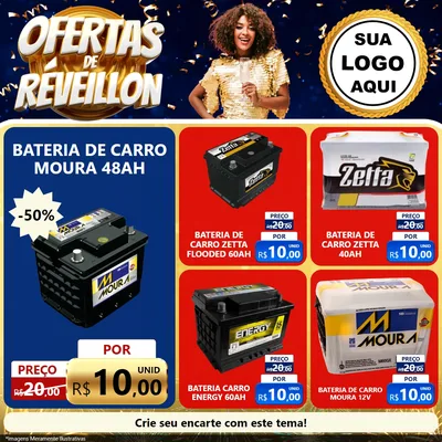 Modelo de Rede Social para Feed Facebook com o tema Ofertas de Réveillon para Baterias Elétricas
