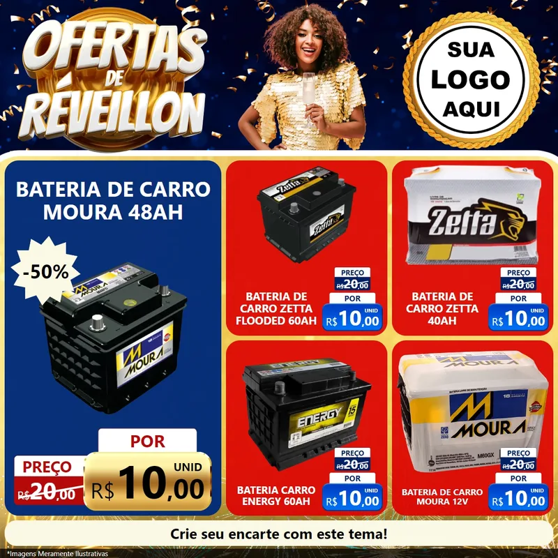 Modelo de Rede Social para Feed Facebook com o tema Ofertas de Réveillon para Baterias Elétricas