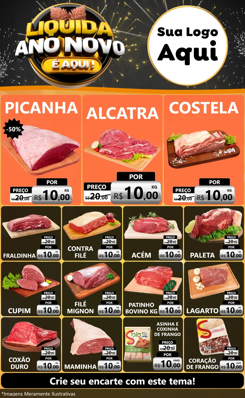Modelo de Encarte para Encarte Grande com o tema Liquida Ano Novo É Aqui! para Açougue