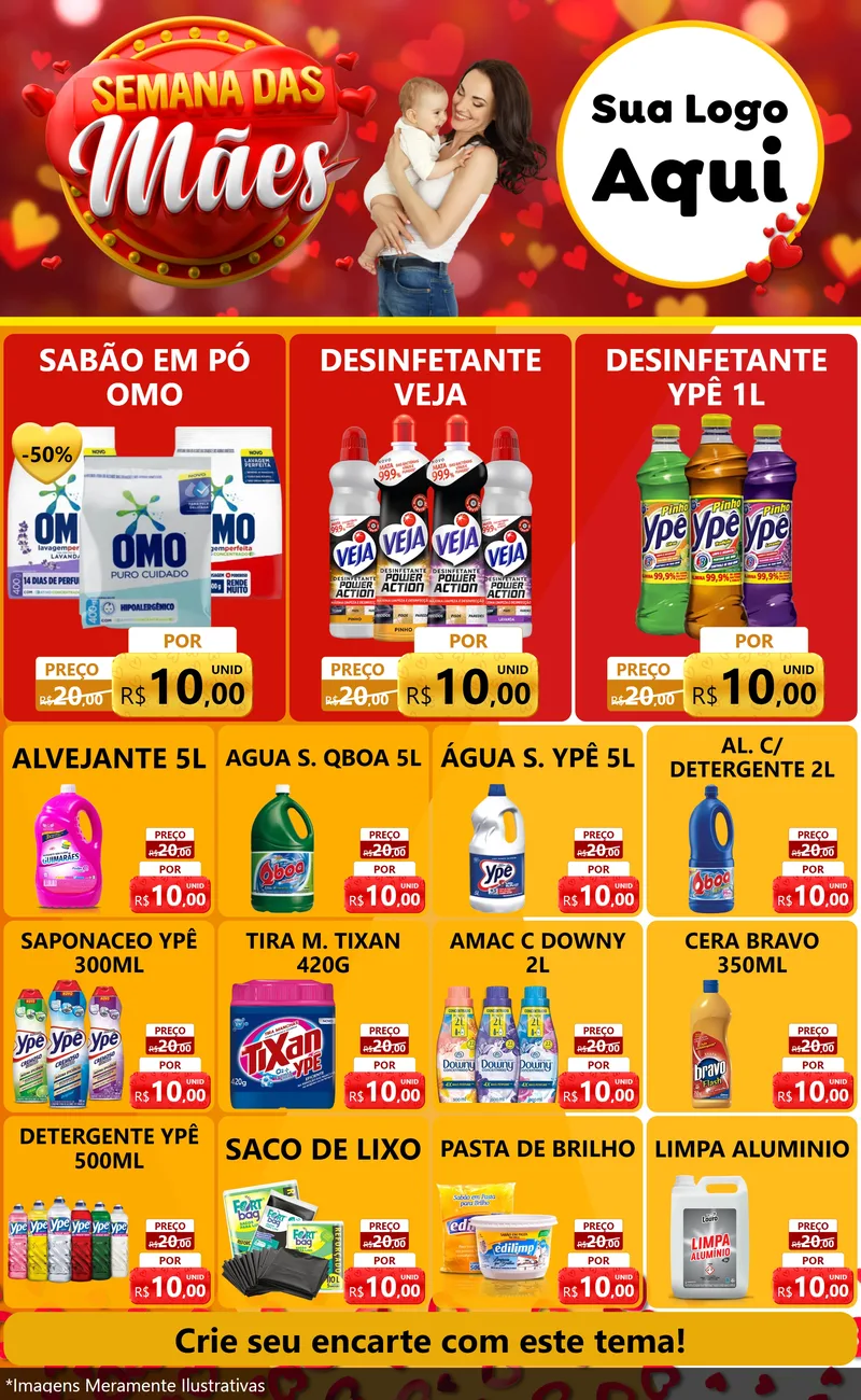 Modelo de Encarte para Encarte Grande com o tema Semana das Mães para Produtos de Limpeza