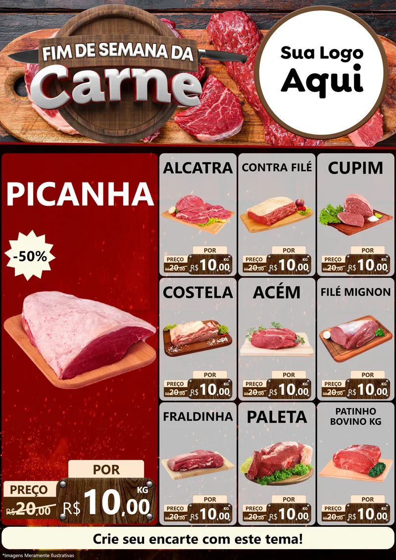 Modelo de Encarte para Encarte A4 Vertical com o tema Fim de Semana da Carne para Açougue