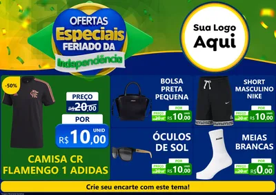 Modelo de Encarte para Encarte A4 Horizontal com o tema Ofertas Especiais Feriado da Independência para Roupas e acessórios